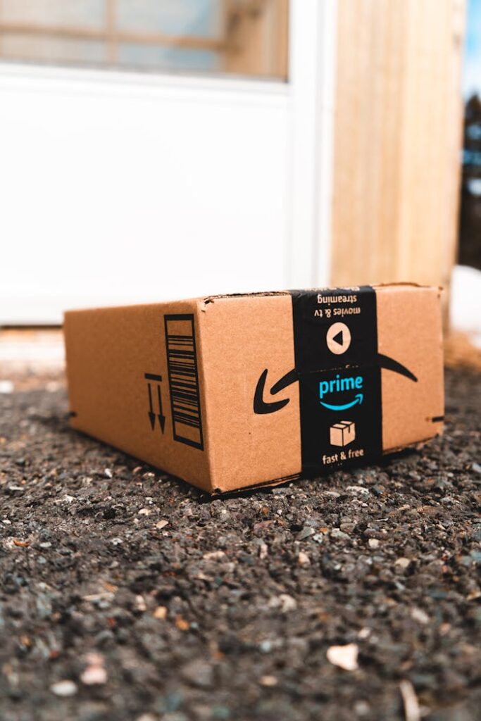 The Art of Drawing Readers In: Your attractive post title goes here A cardboard box marked with Prime logo placed outside on a porch, ready for delivery.